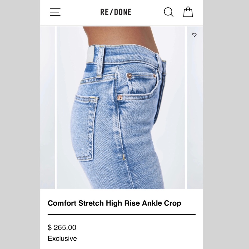NWT* RE/DONE Comfort Stretch High Rise Ankle Jeans